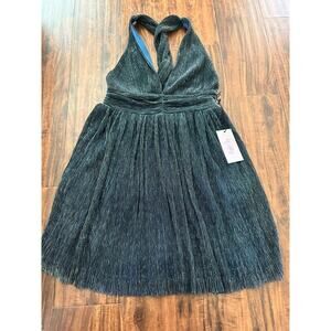 Crystal Sky Teal Dress Metallic Sleeveless Twisted Open Back V-neck Knee Medium